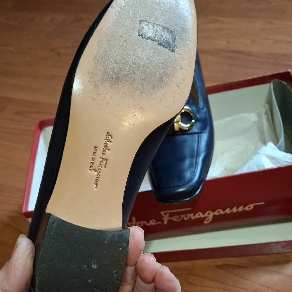Salvatore Ferragamo Navy Leather Loafers with Gold Accent